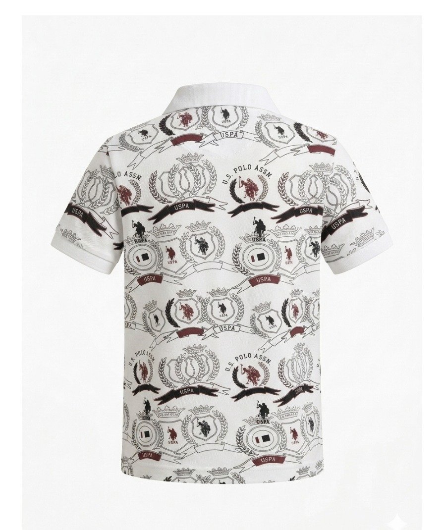Boys White Printed Polo Shirt - Image 3