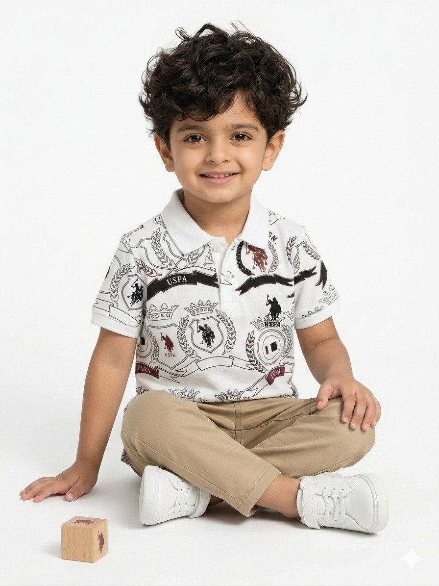 Boys White Printed Polo Shirt - Image 5