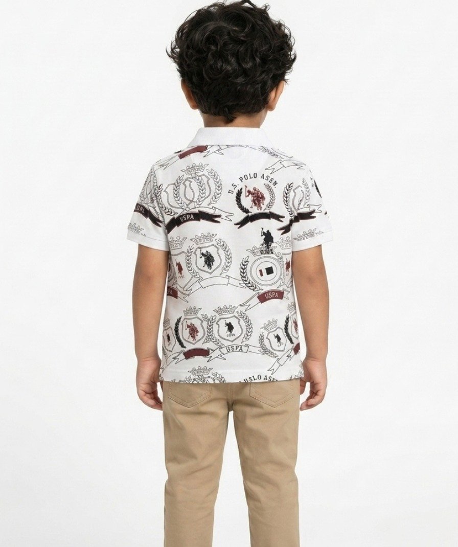 Boys White Printed Polo Shirt - Image 4