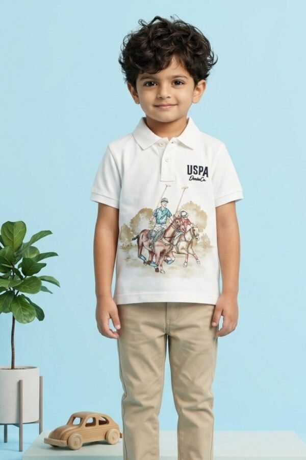 Boys White Graphic Polo Shirt