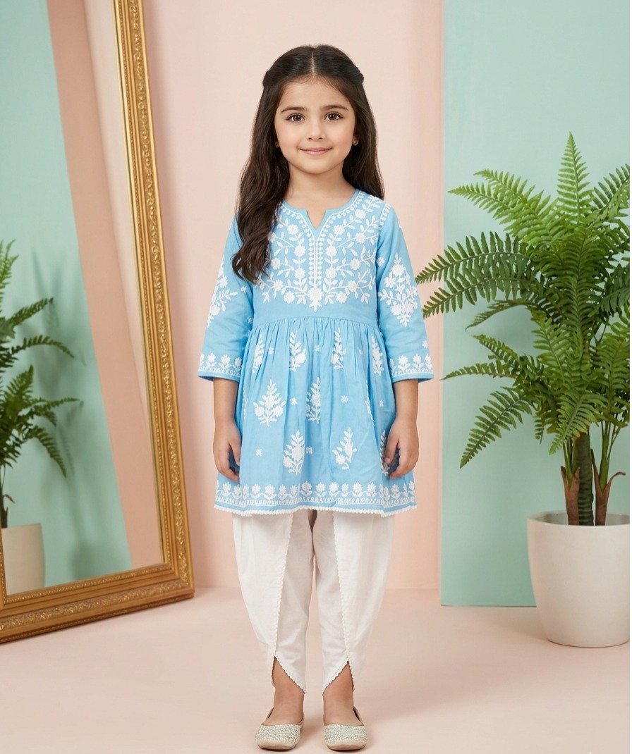 Girls Blue Floral Ethnic Set