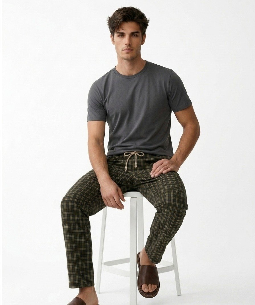 Dark Green & Beige Checked Lounge Trousers - Image 4