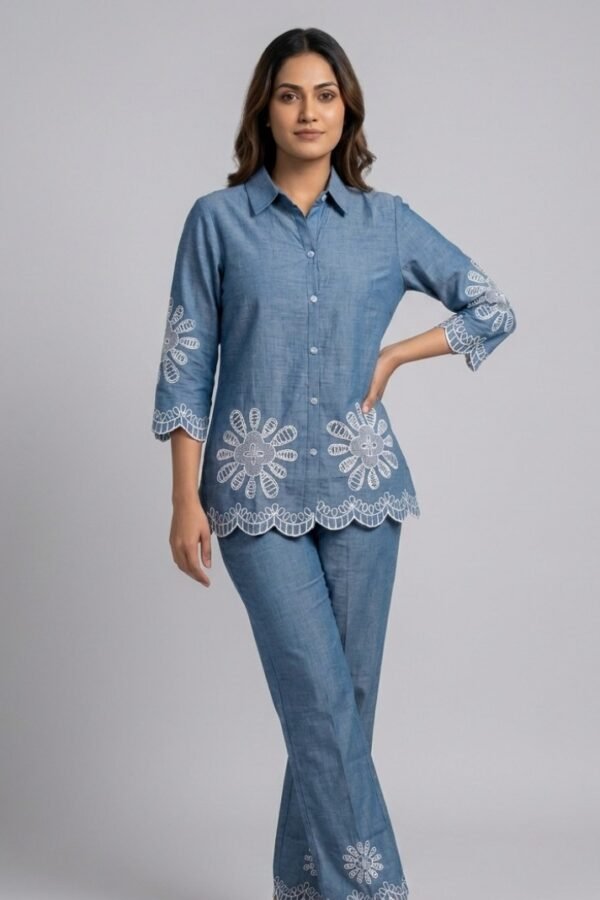 Women Blue Embroidered Co-ord Set