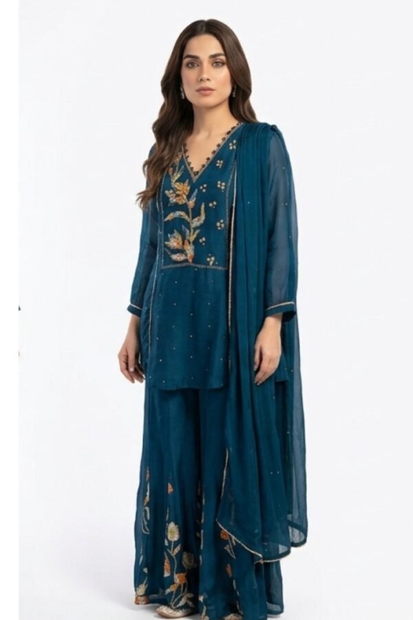 Teal Embroidered Sharara Set