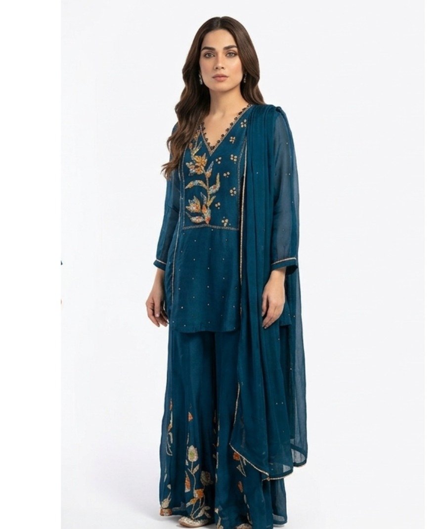 Teal Embroidered Sharara Set