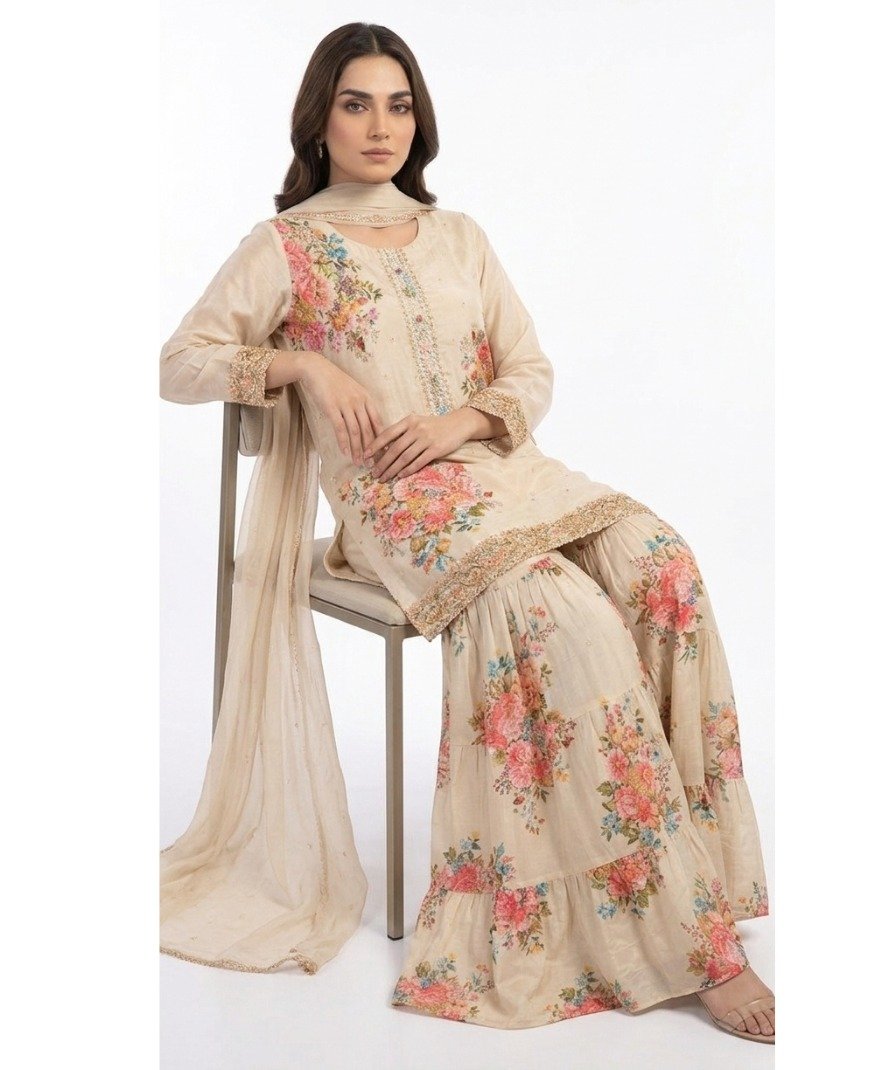 Beige Floral Sharara Set - Image 3