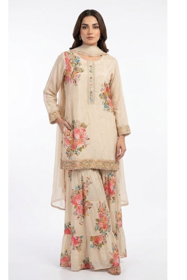 Beige Floral Sharara Set