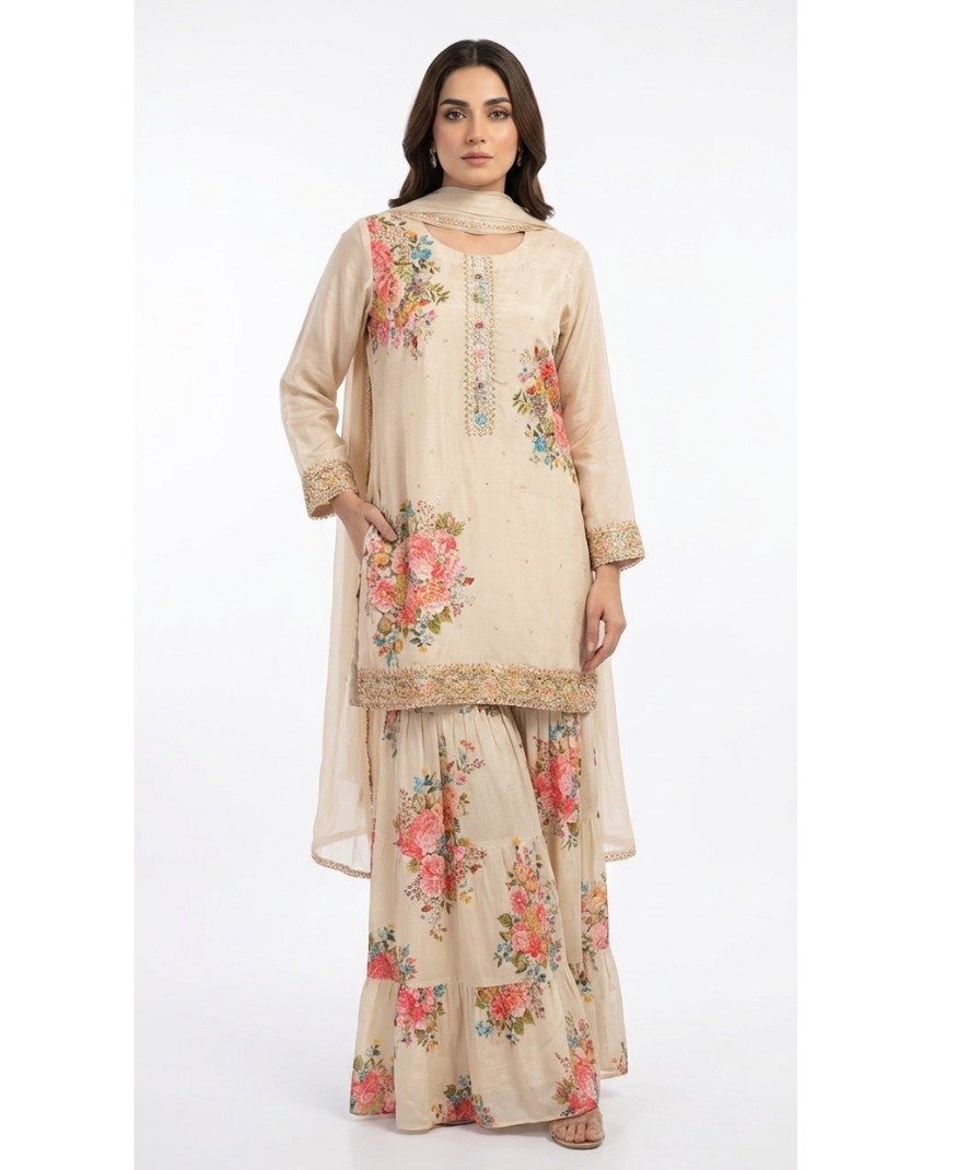 Beige Floral Sharara Set