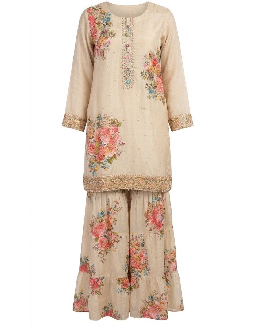 Beige Floral Sharara Set - Image 2