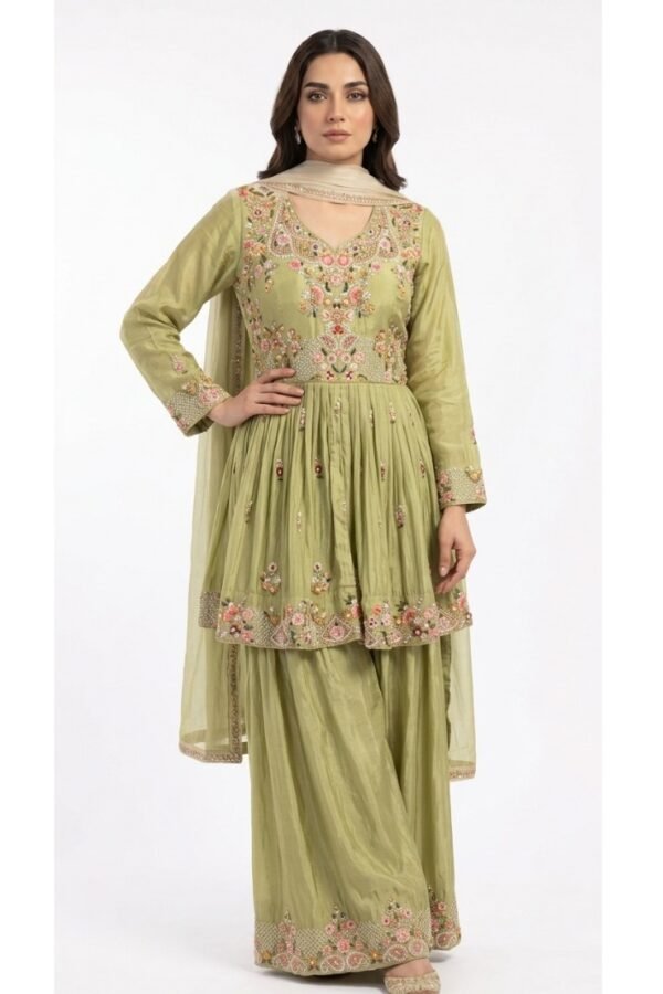 Women Olive Embroidered Peplum Suit