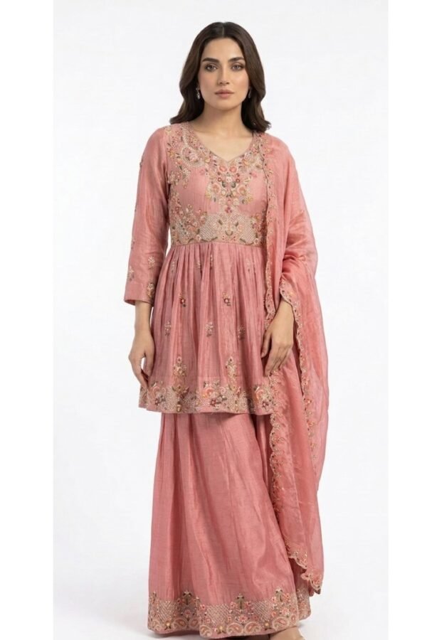 Women Pink Embroidered Peplum Suit