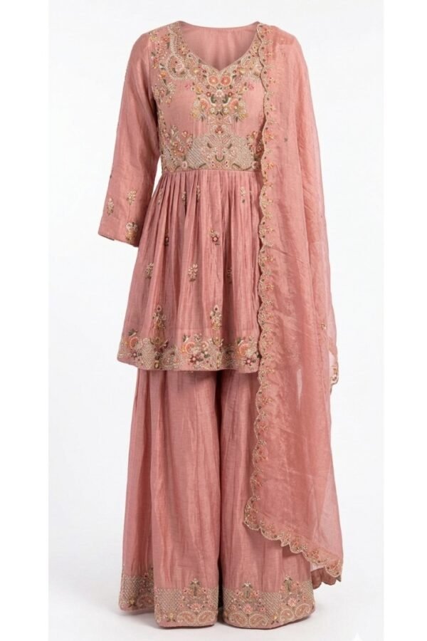 Women Pink Embroidered Peplum Suit