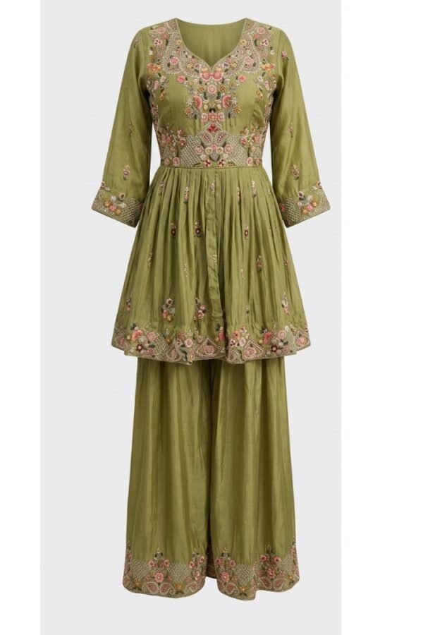 Women Olive Embroidered Peplum Suit