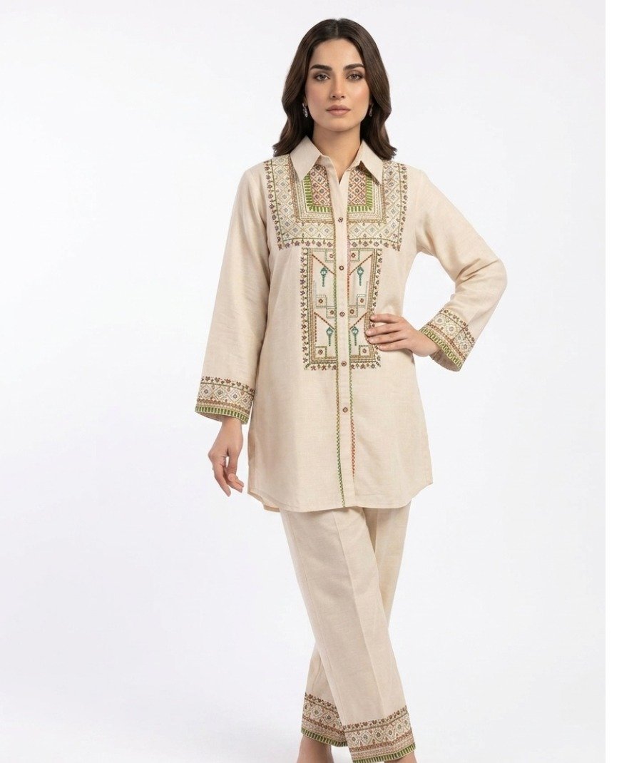 Beige Embroidered Co-ord Set