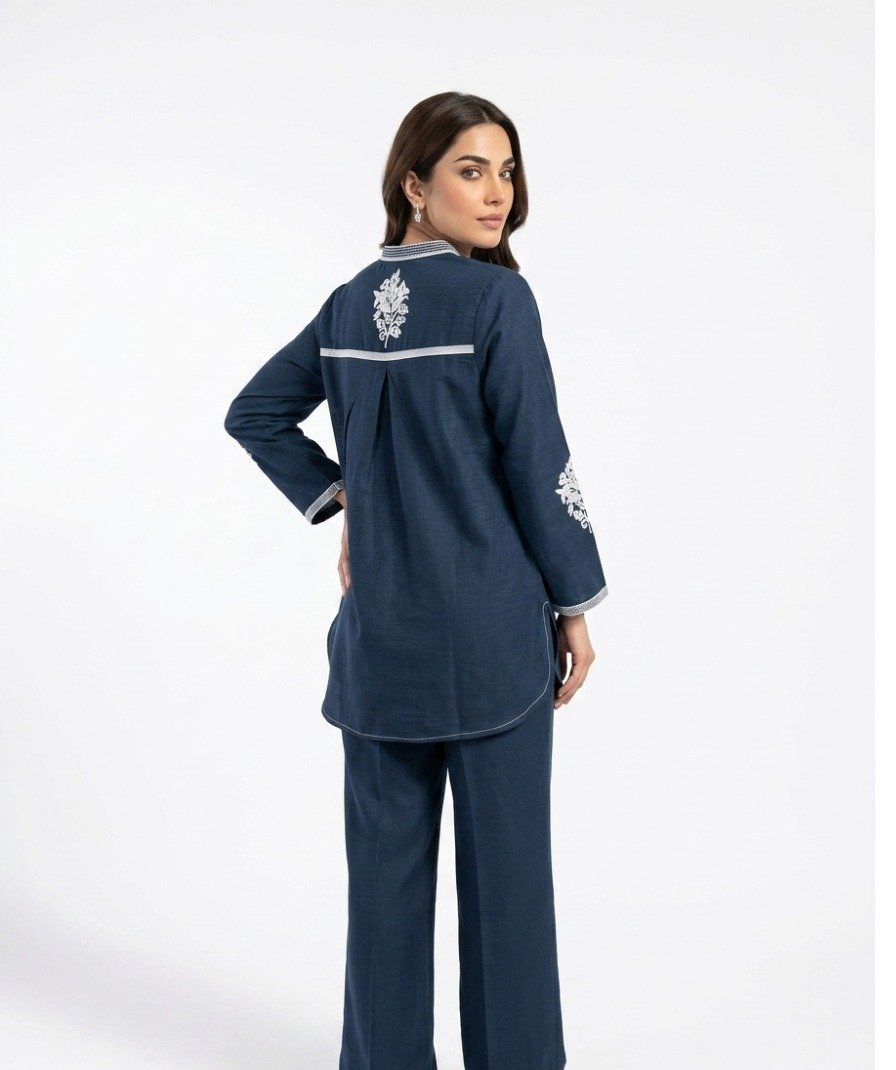 Women Navy Embroidered Co-ord Set - Image 4