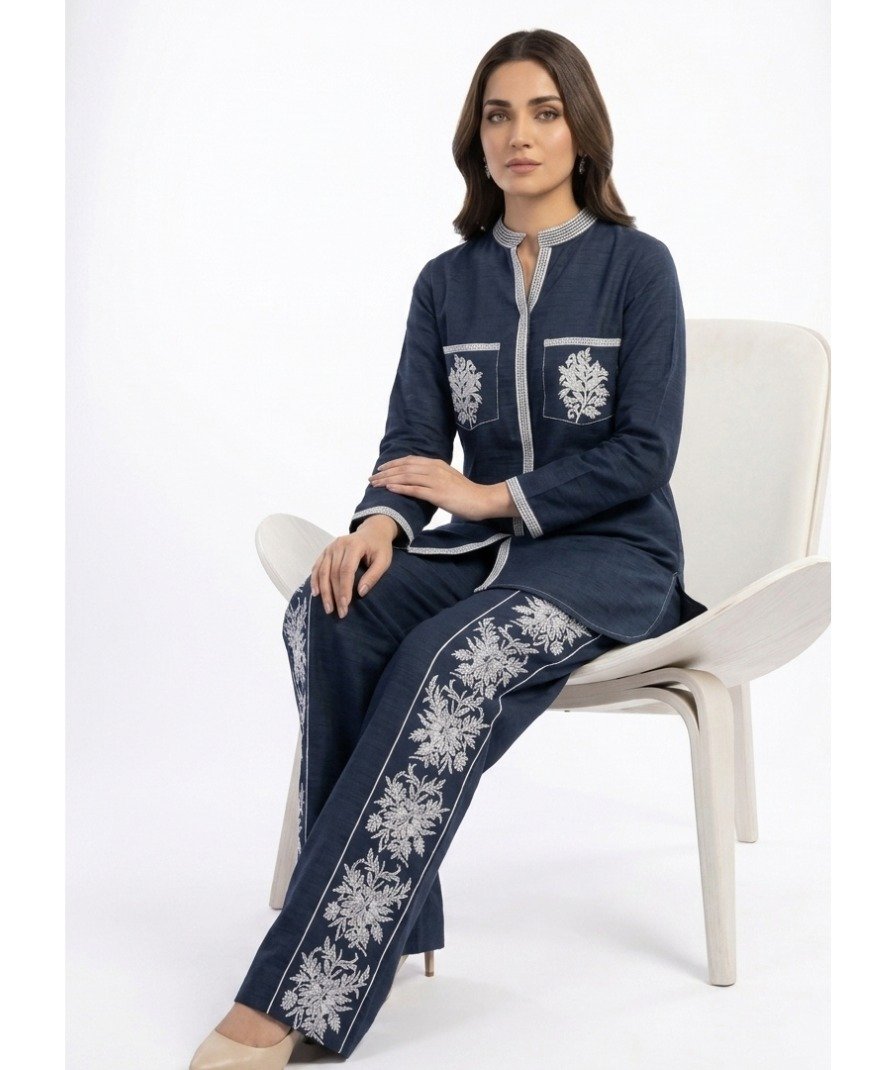 Women Navy Embroidered Co-ord Set - Image 5