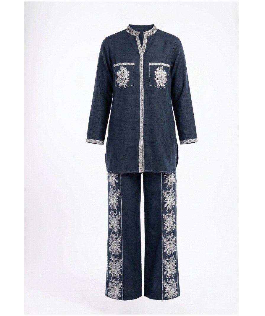 Women Navy Embroidered Co-ord Set - Image 2