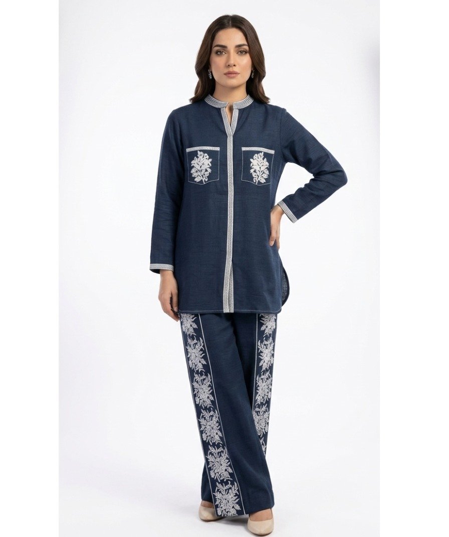 Women Navy Embroidered Co-ord Set