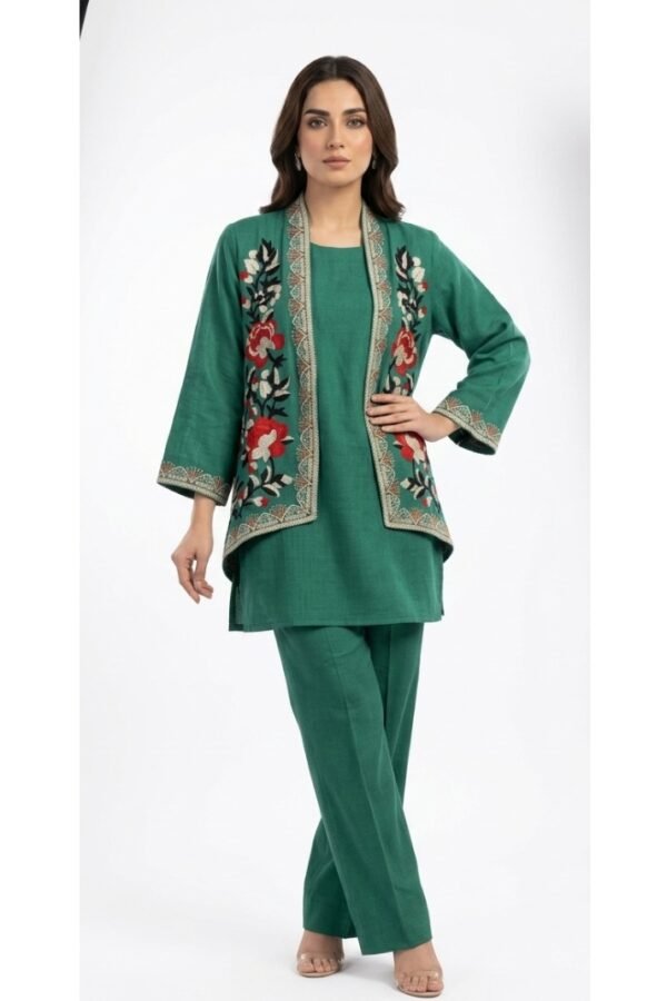 Women Green Embroidered Layered Set
