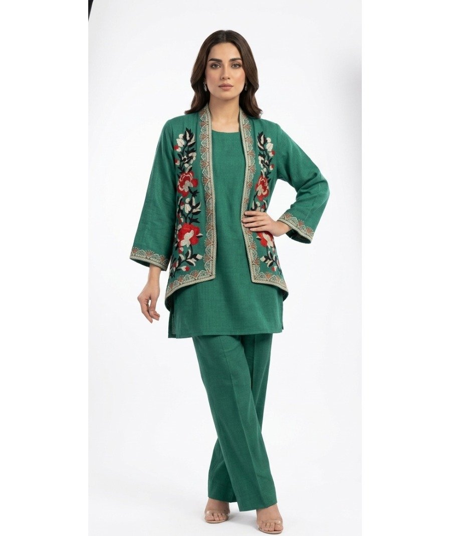 Women Green Embroidered Layered Set