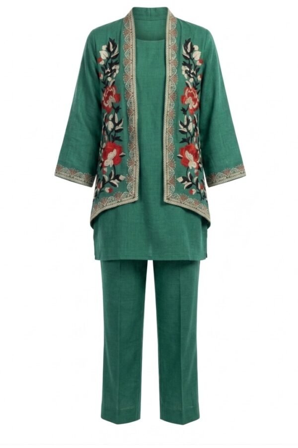 Women Green Embroidered Layered Set