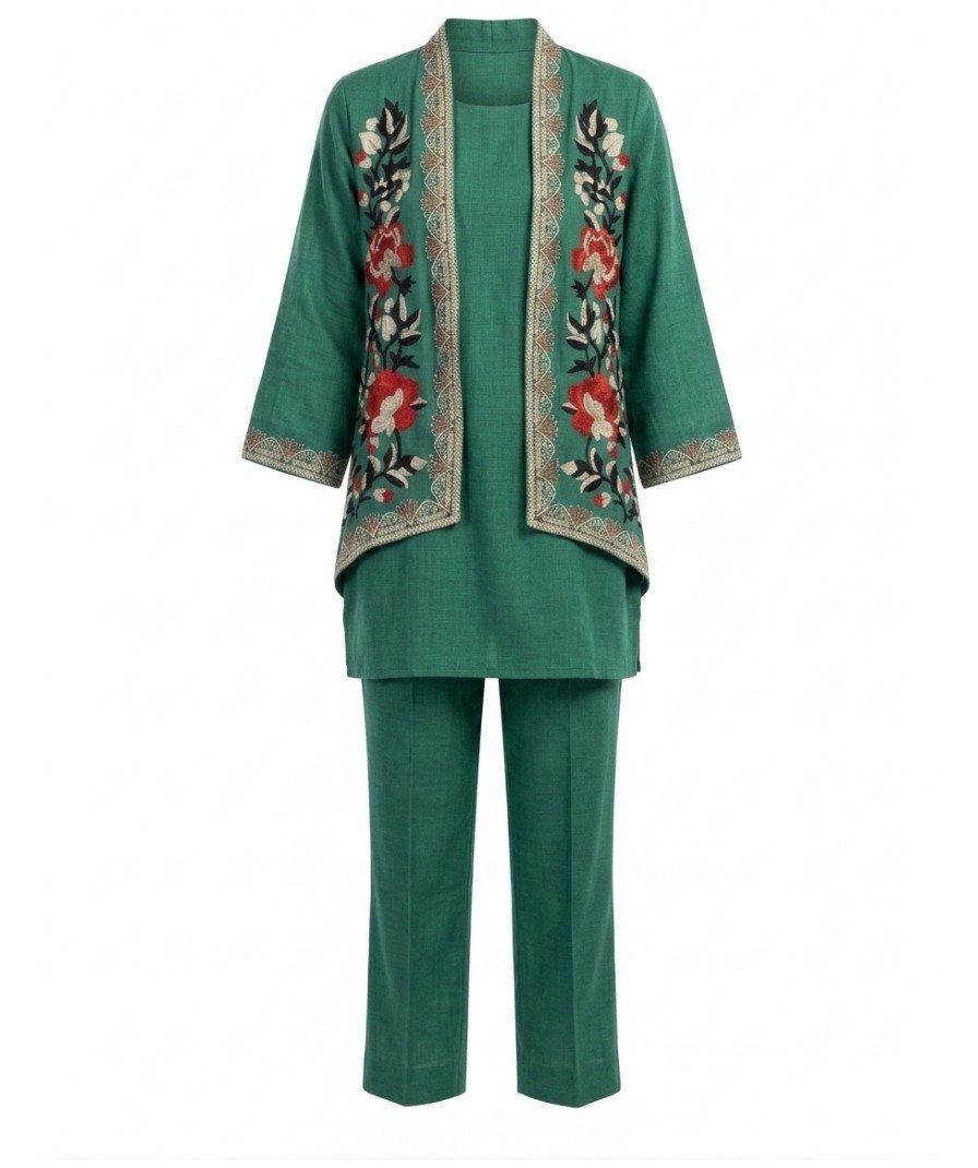 Women Green Embroidered Layered Set - Image 2