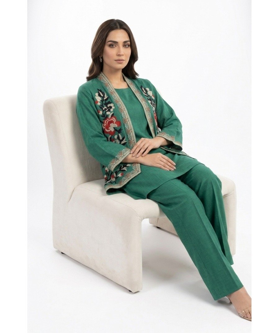 Women Green Embroidered Layered Set - Image 5