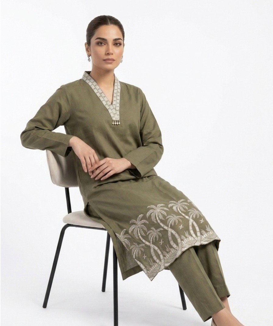 Olive Embroidered Kurta Set - Image 4
