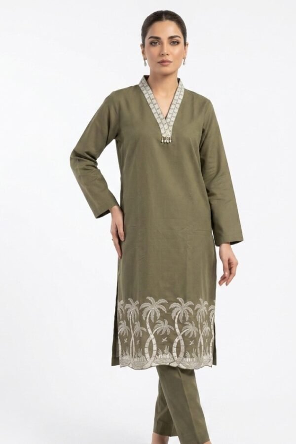Olive Embroidered Kurta Set