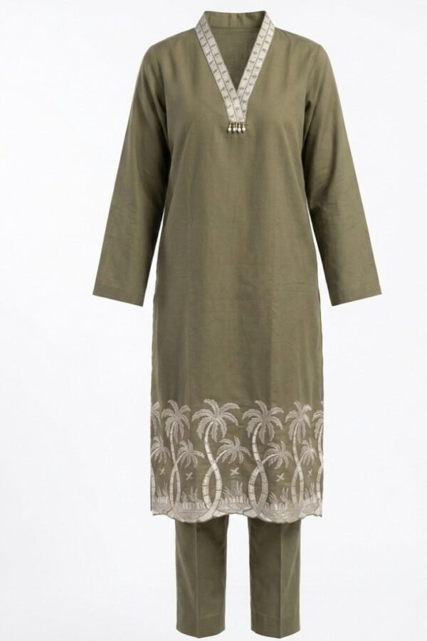 Olive Embroidered Kurta Set
