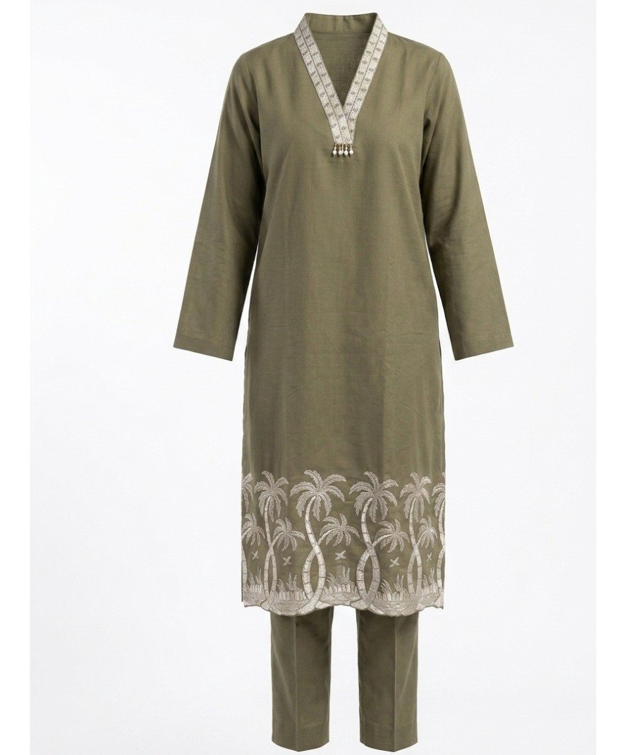 Olive Embroidered Kurta Set - Image 2