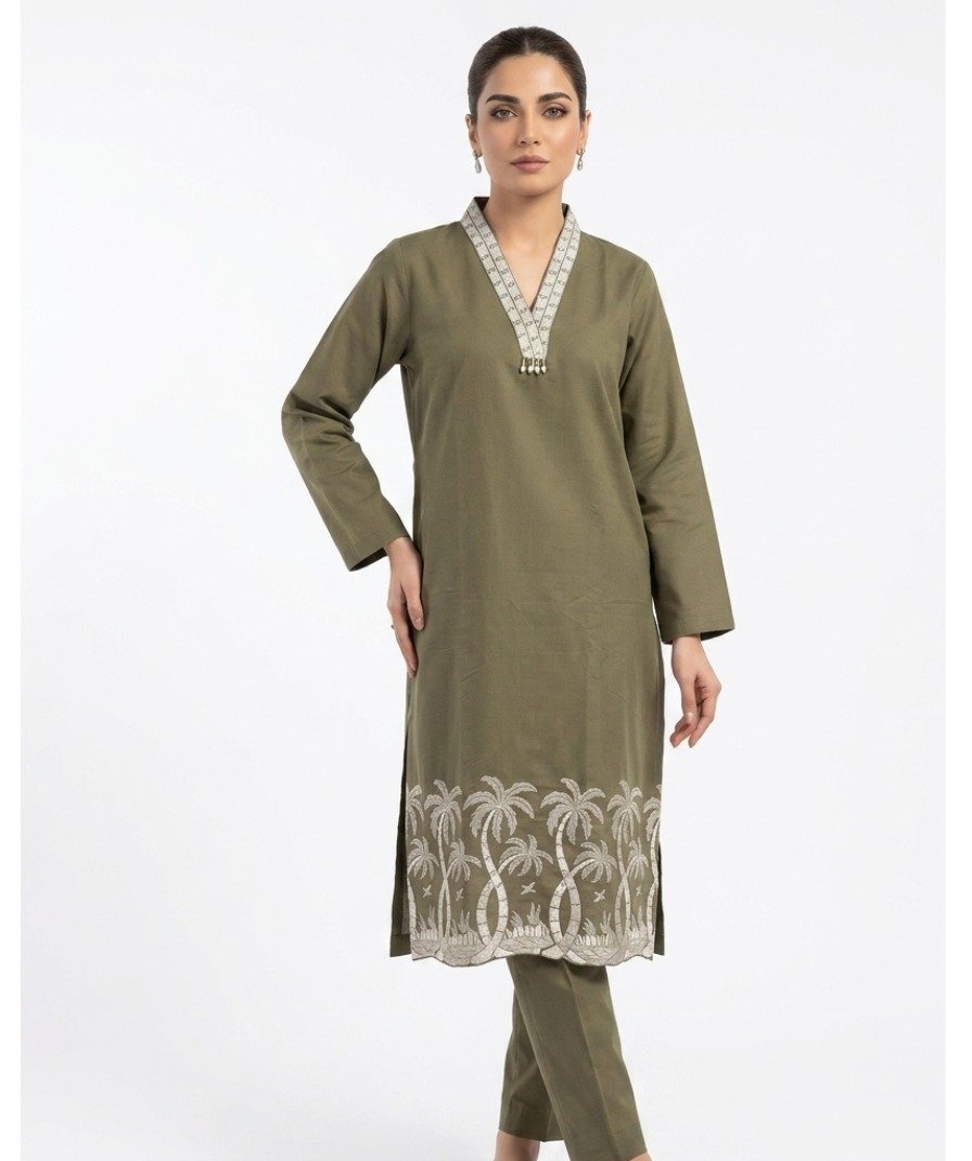 Olive Embroidered Kurta Set