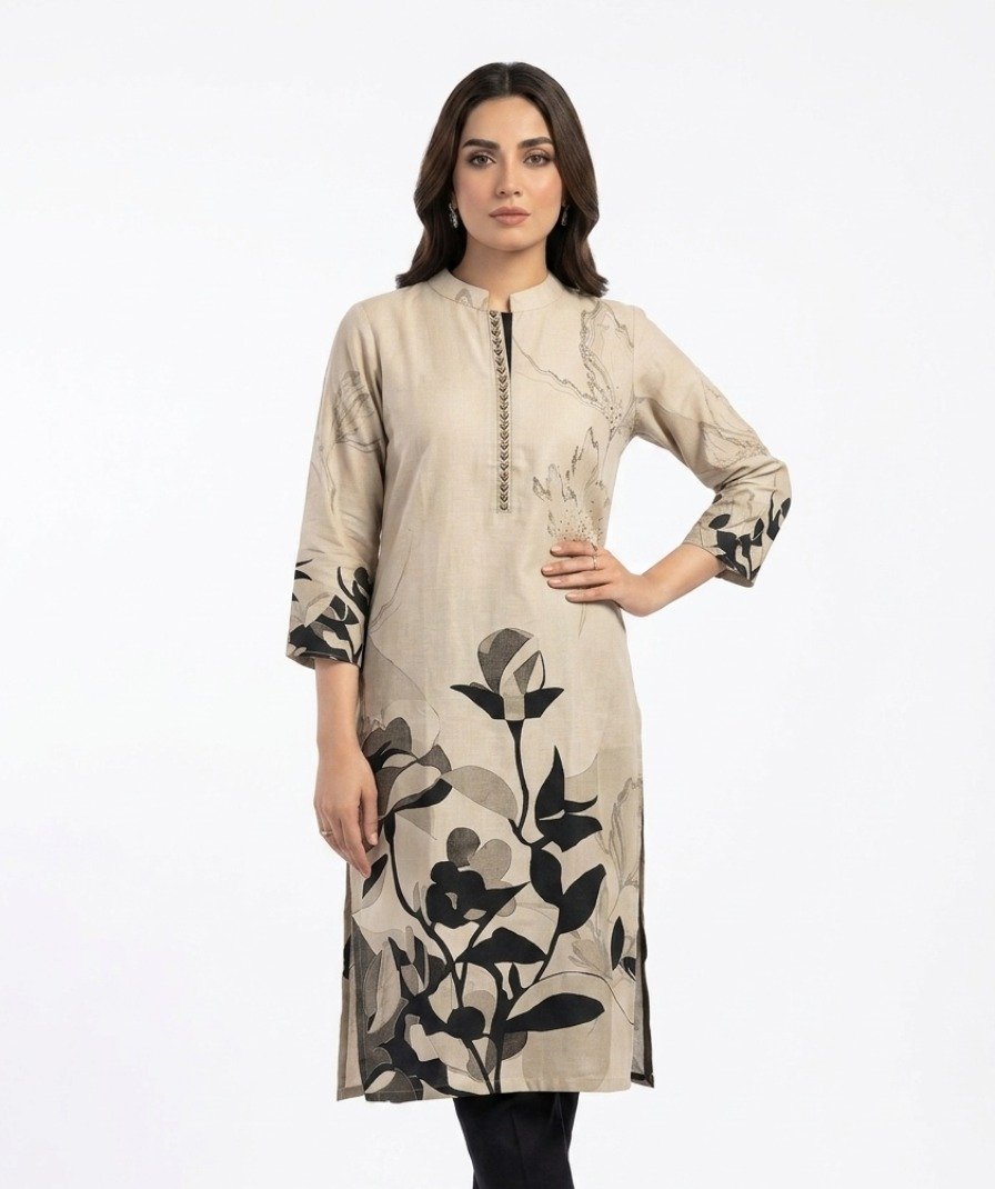 Beige Floral Printed Kurta