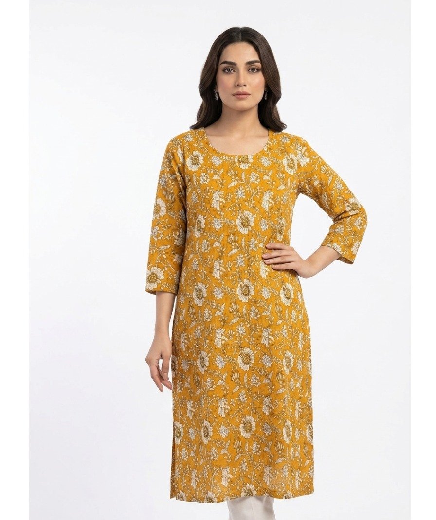 Mustard Floral Printed Kurta