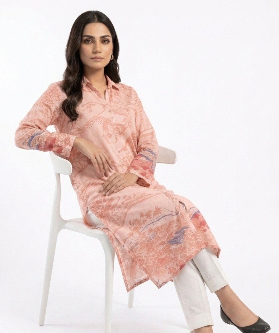 Peach Printed Shirt Kurta - Image 5