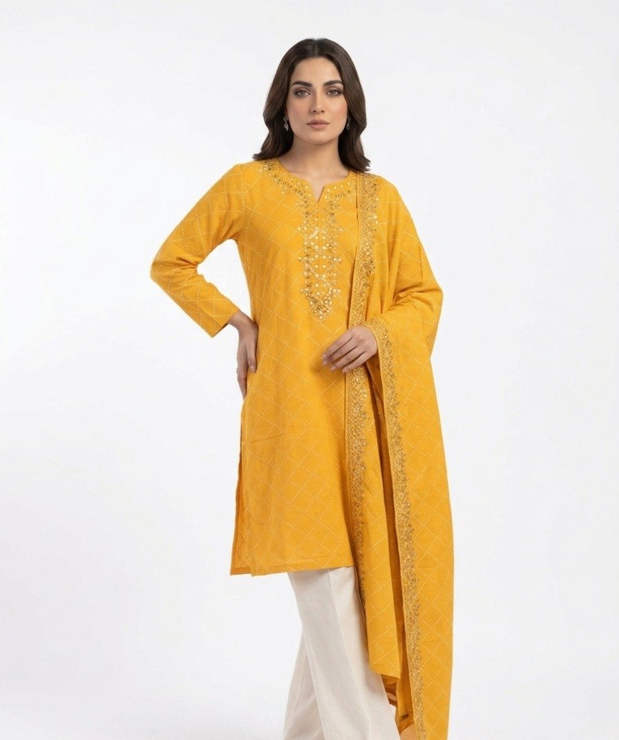 Mustard Embroidered Kurta Set