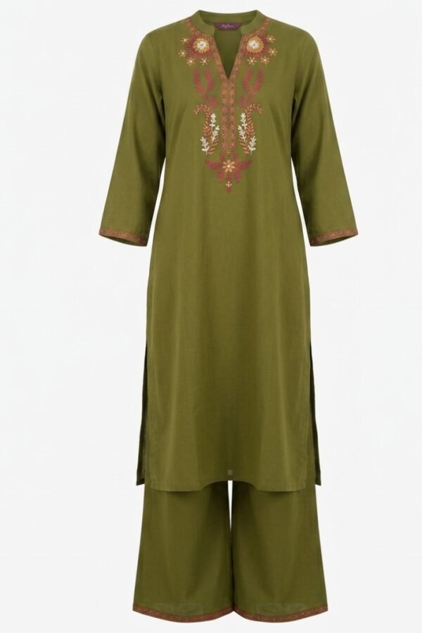 Olive Embroidered Kurta Set
