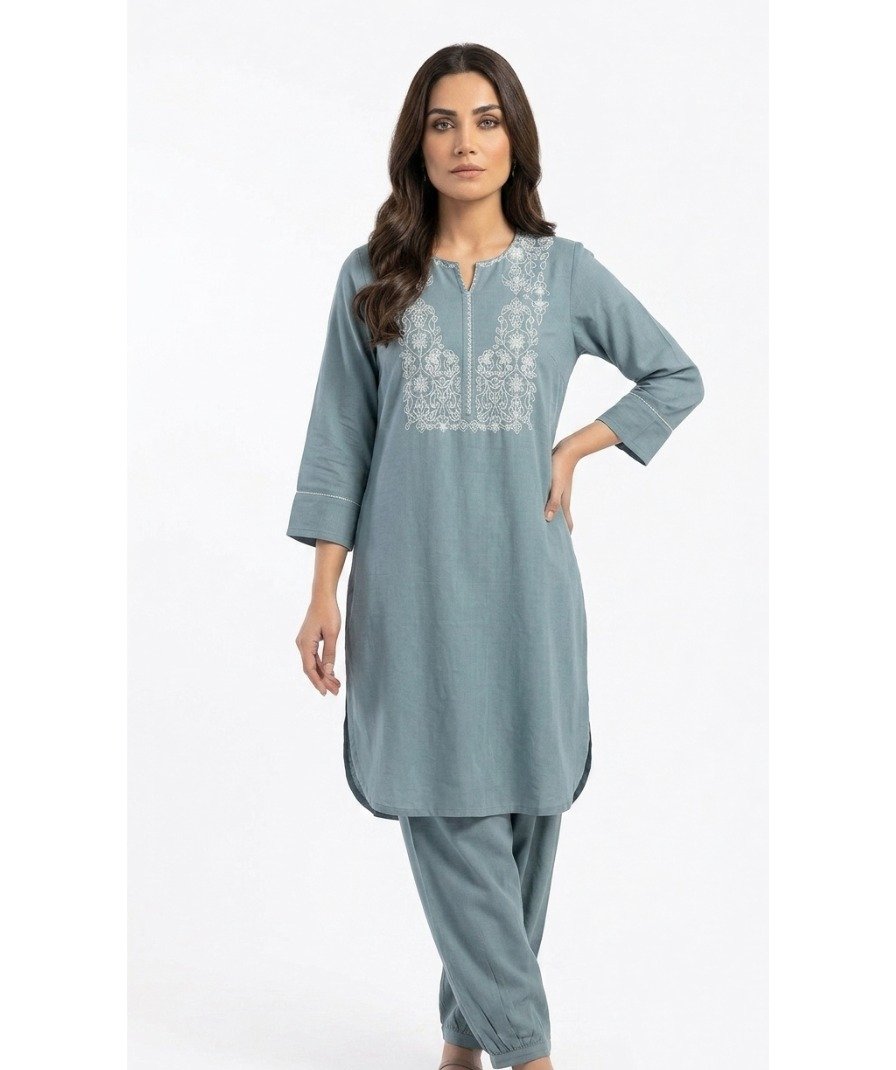 Women Grey Embroidered Kurta Set