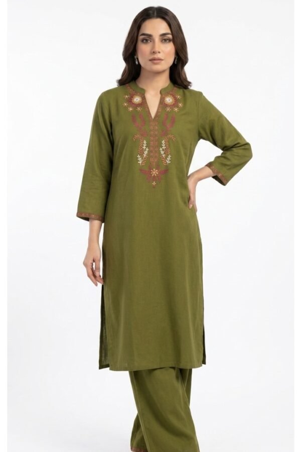 Olive Embroidered Kurta Set