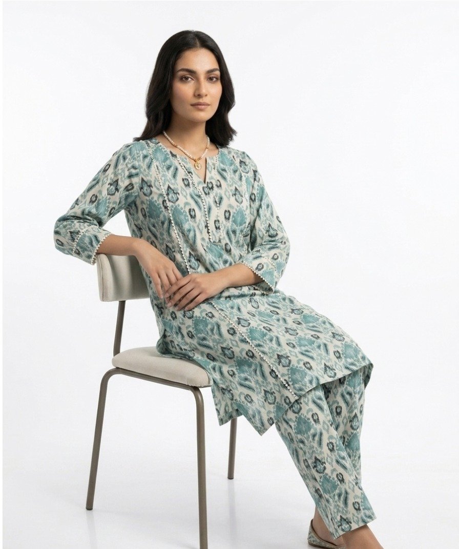Women Teal Printed Kurta Set - Image 4
