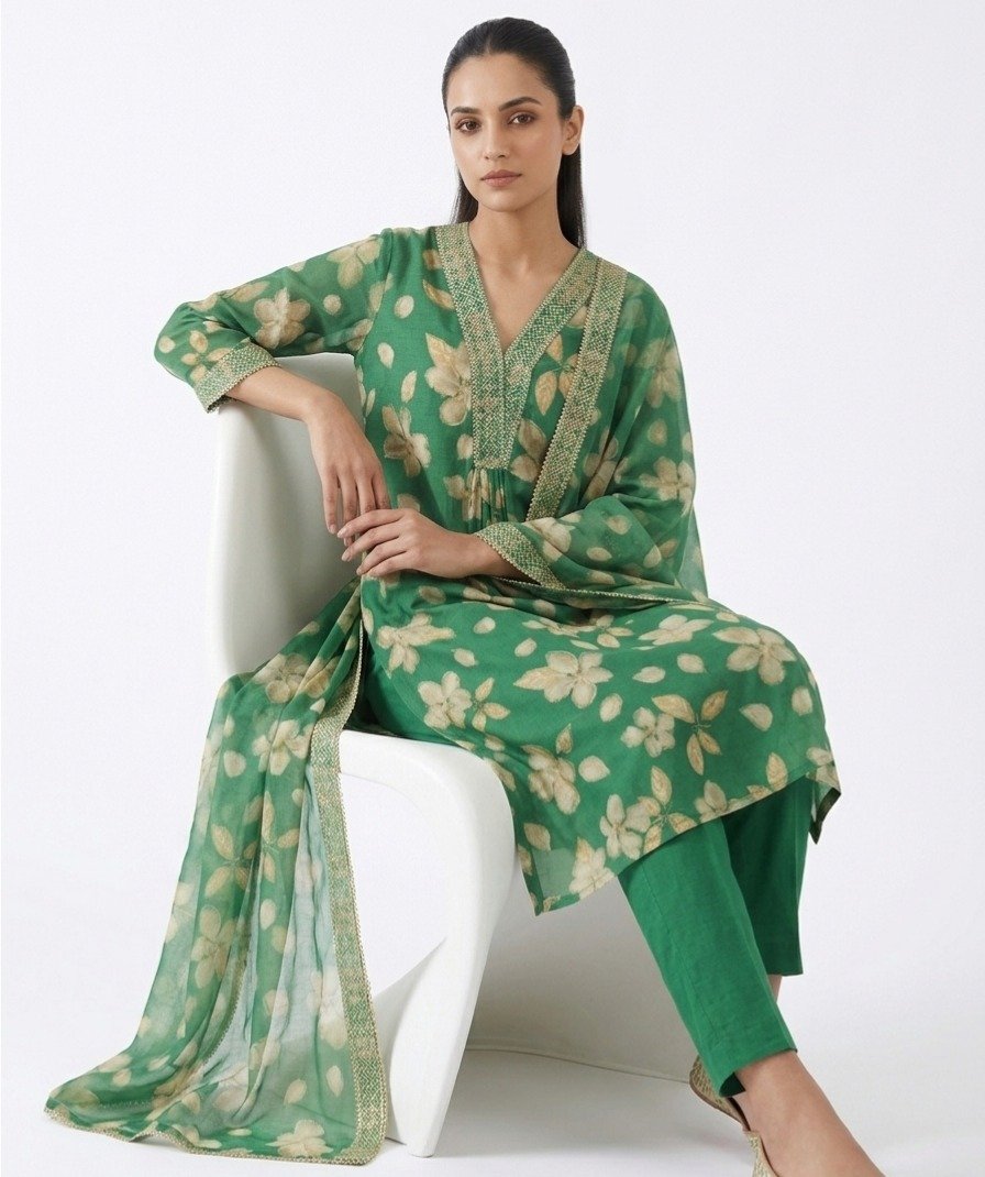 Women Green Floral Suit Set - Image 4