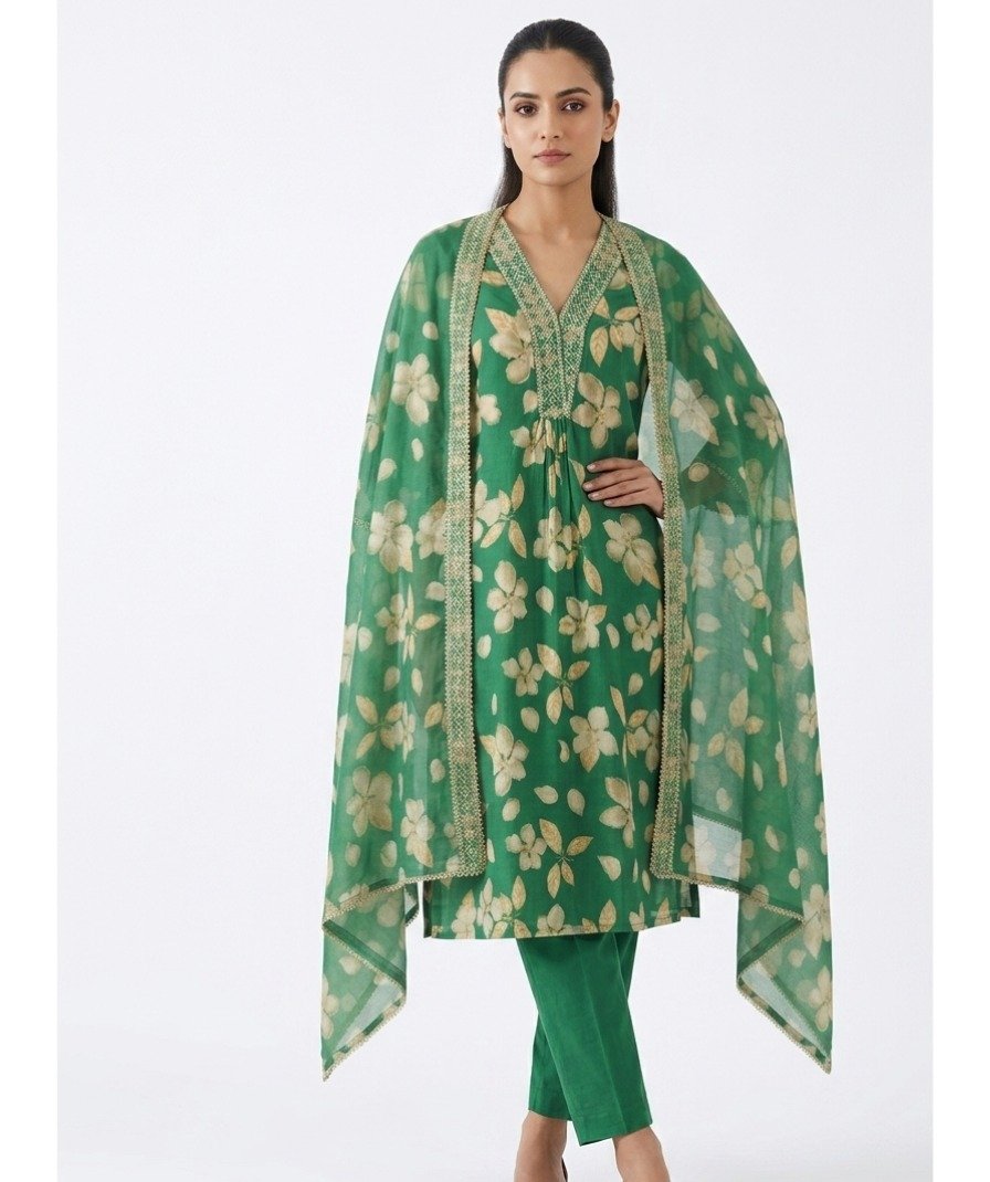 Women Green Floral Suit Set