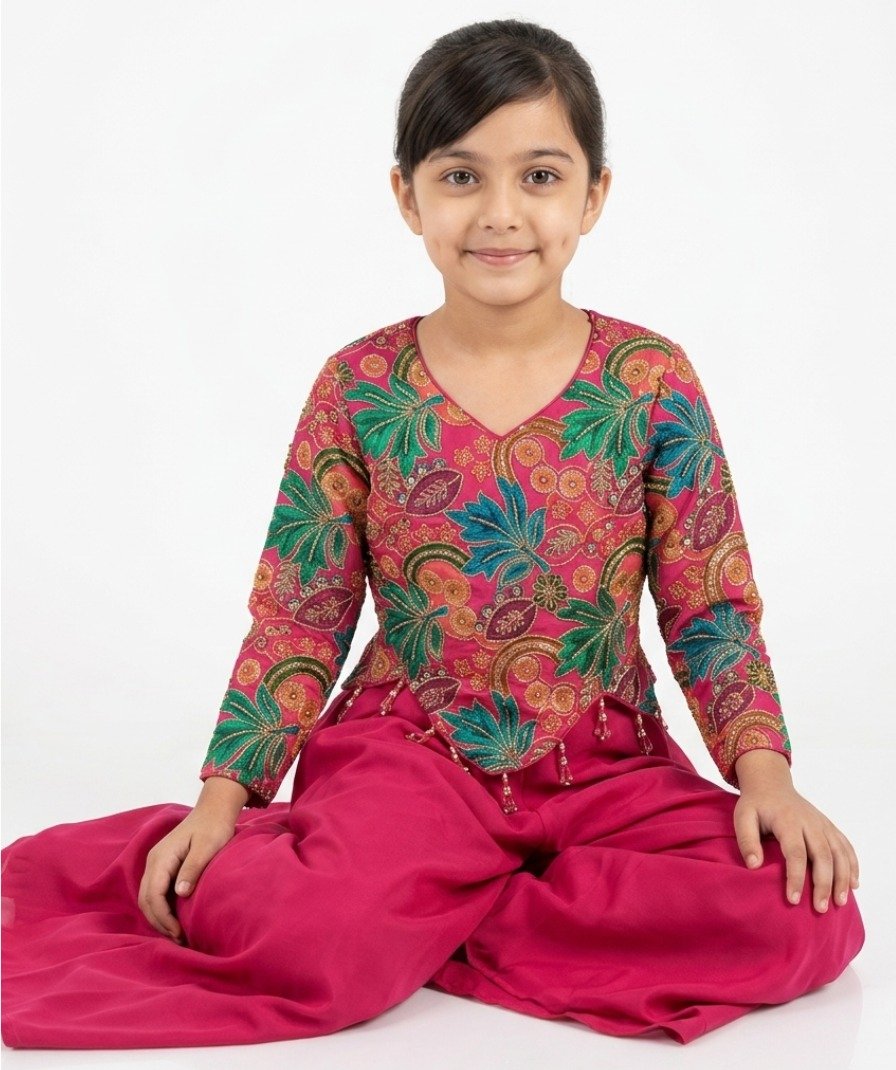 Girls Pink Embroidered Sharara Set - Image 4