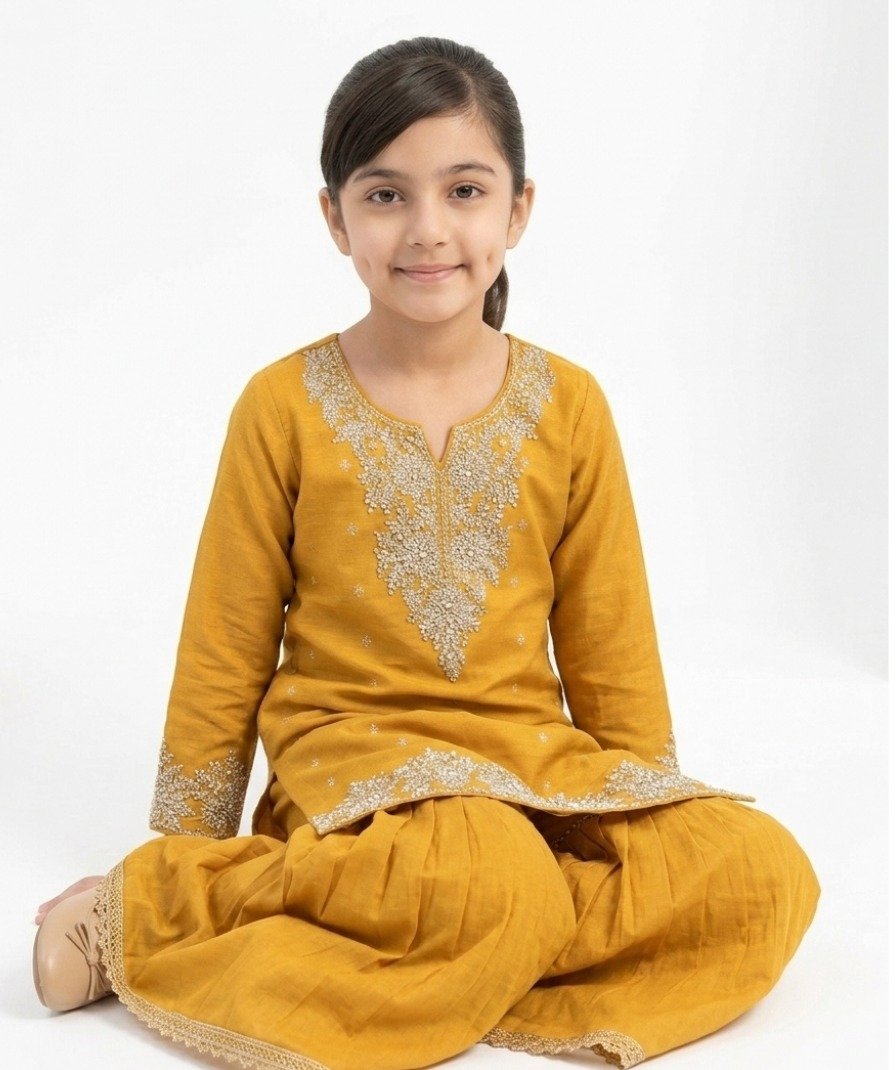 Girls Mustard Embroidered Sharara Set - Image 4