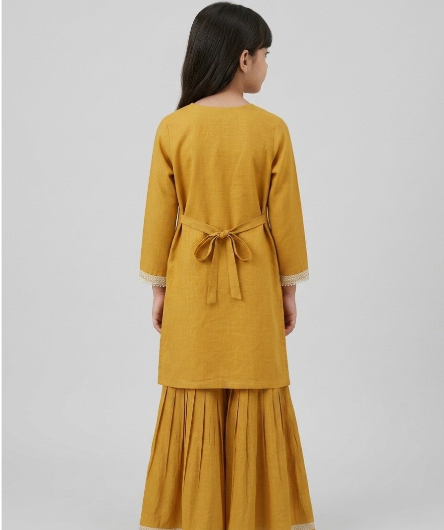 Girls Mustard Embroidered Sharara Set - Image 3