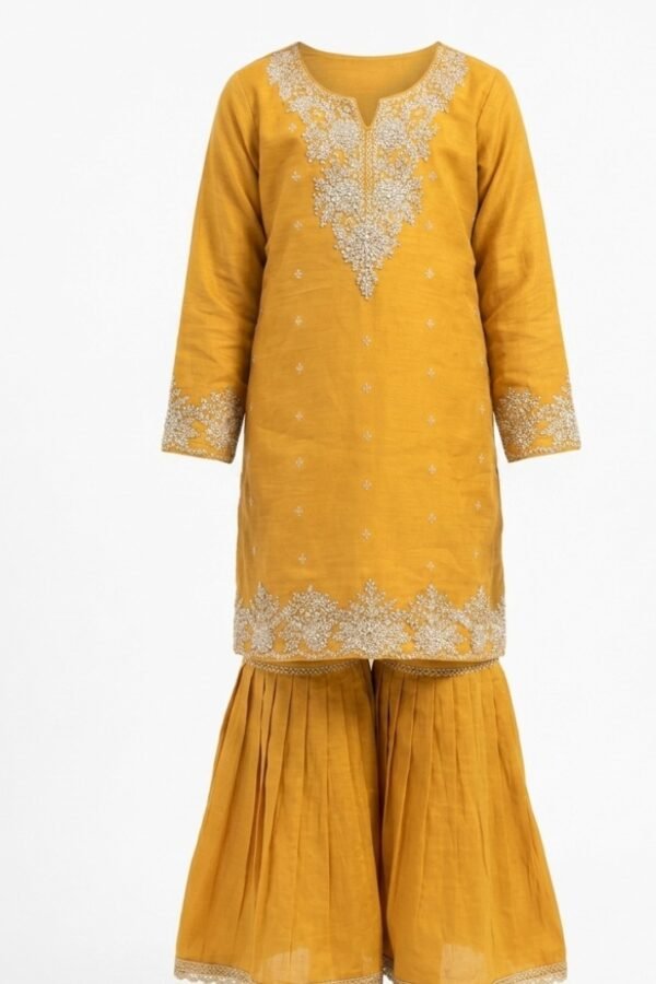 Girls Mustard Embroidered Sharara Set