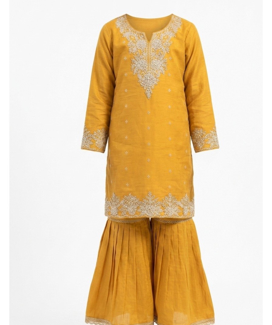 Girls Mustard Embroidered Sharara Set - Image 2