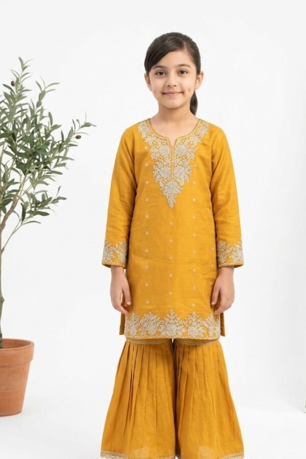 Girls Mustard Embroidered Sharara Set