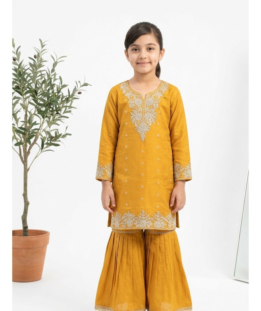Girls Mustard Embroidered Sharara Set