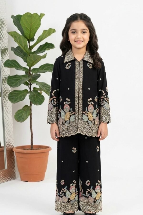 Girls Embroidered Black Co-Ord Set
